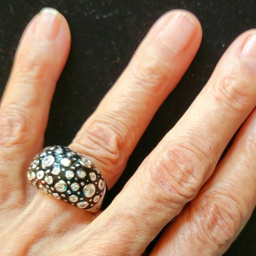 Sterling Silver Dome Ring. Black enamel with CZ accents. Statement piece. - Picture 2 of 4